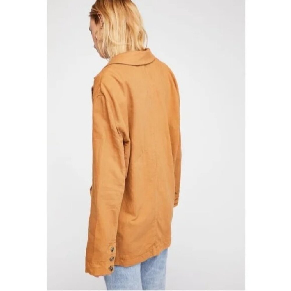 Free People Tan Brown Linen Cotton Oversized Blazer Jacket X-Small Preppy - Picture 3 of 15